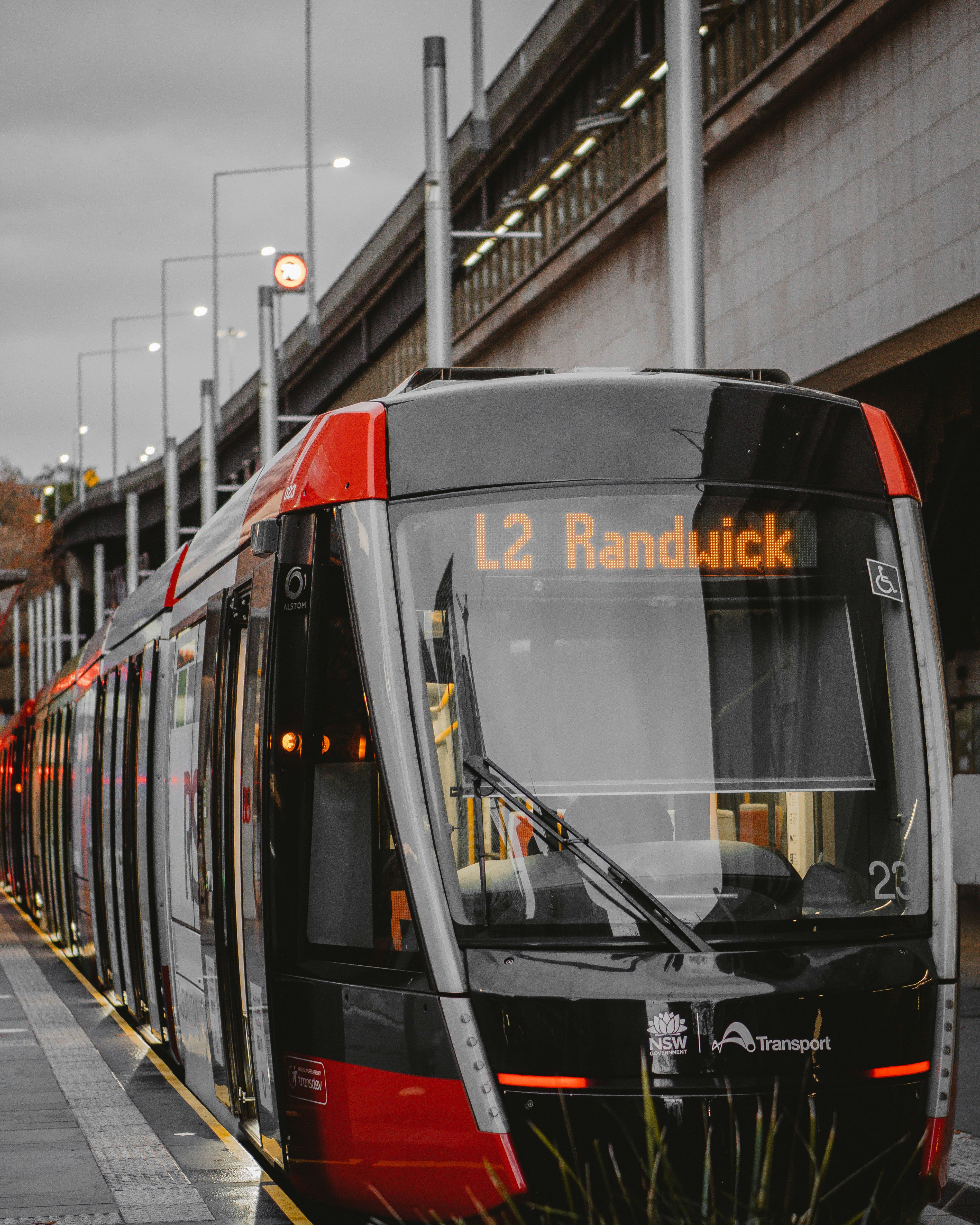 red and black train on the street during daytime