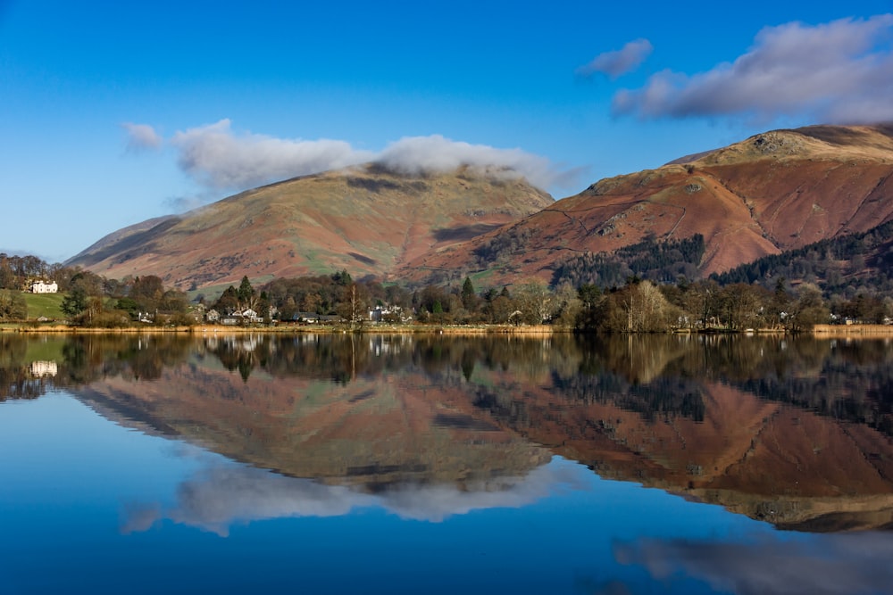 brown and green mountain beside lake under blue sky during daytime