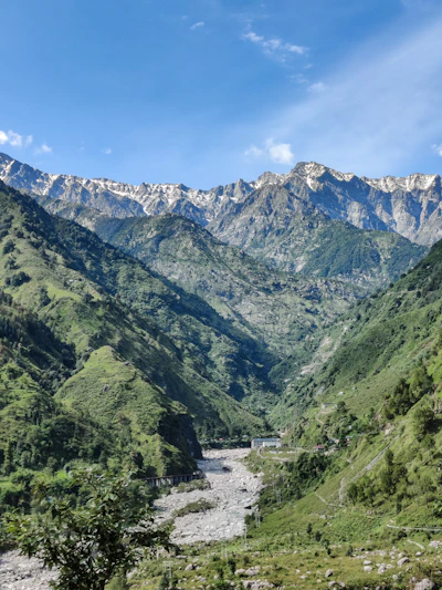 Close-up of a vibrant landscape jigsaw puzzle showing mountains and a river in mid-assembly.
