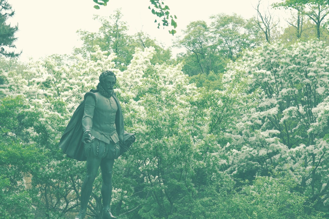 man in black coat statue in the middle of the forest