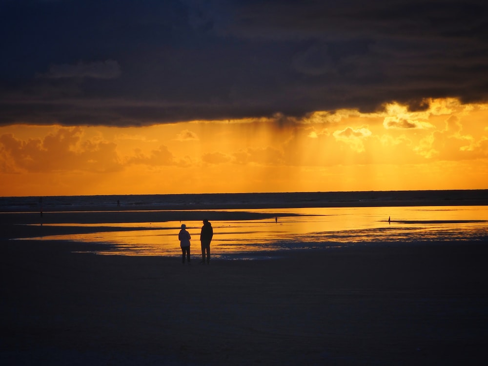 silhouette of 2 person standing on beach during sunset