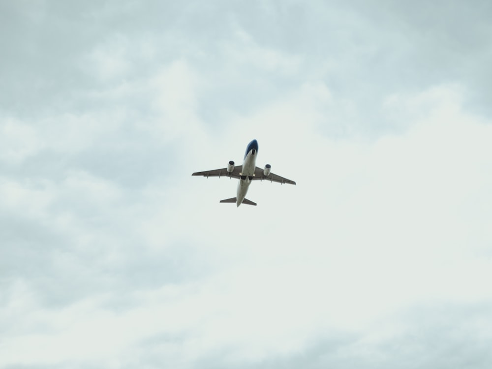 blue airplane flying in the sky during daytime