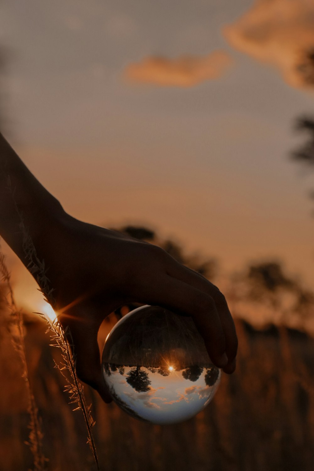 person holding clear glass ball during sunset