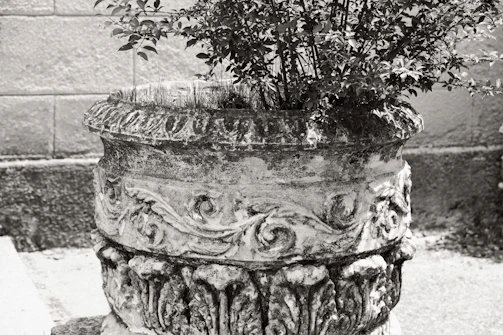 Close-up of a handcrafted stone planter with delicate metal accents, nestled among lush greenery.