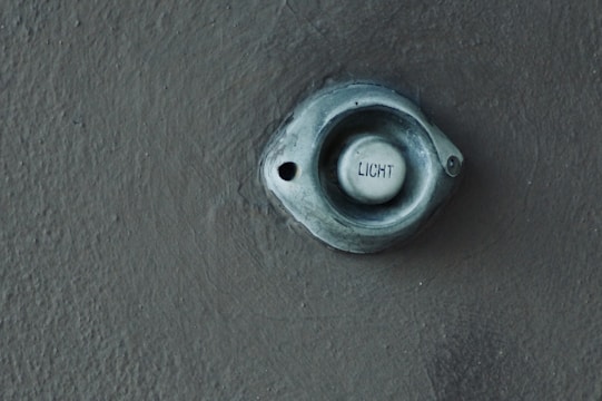 A round, metallic light switch is mounted on a textured gray wall. The switch has the word 'licht' inscribed on it, indicating it is used to control lighting.