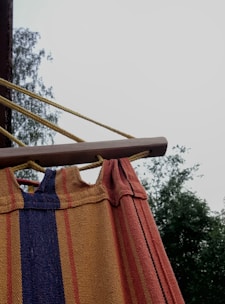 Close-up of a durable, colorful hammock strap wrapped securely around a sturdy tree branch.