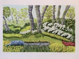 An artistic representation of a garden landscape.