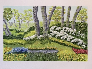 A serene landscape painting depicting a lush garden scene. Tall trees with textured bark and vibrant green leaves stand in the background. The foreground features a variety of flowering plants, with clusters of white, blue, and red blossoms. The sunlight filters softly through the trees, highlighting the vibrant hues of the foliage.