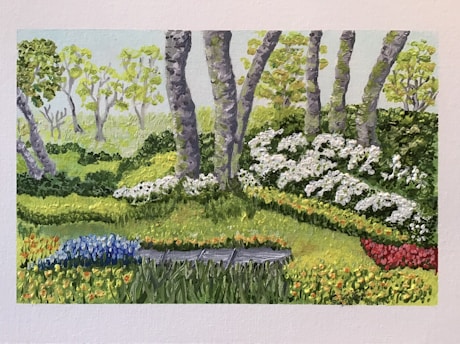A serene landscape painting depicting a lush garden scene. Tall trees with textured bark and vibrant green leaves stand in the background. The foreground features a variety of flowering plants, with clusters of white, blue, and red blossoms. The sunlight filters softly through the trees, highlighting the vibrant hues of the foliage.