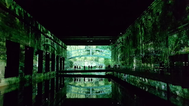 A dark, immersive space with vivid green projections covering the walls and ceiling, resembling a natural, forest-like setting. Silhouettes of people stand on a bridge, creating reflections in the water below.