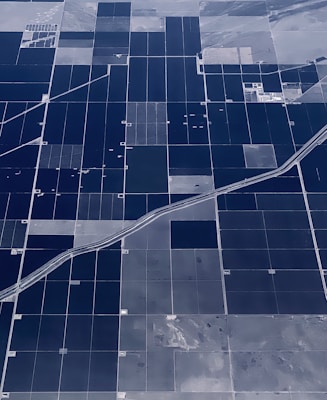 An aerial view of vast agricultural fields organized in a grid-like pattern. The fields are divided by straight roads and irrigation channels, creating rectangular sections. The landscape appears flat, with variations in color indicating different crops or land usage.