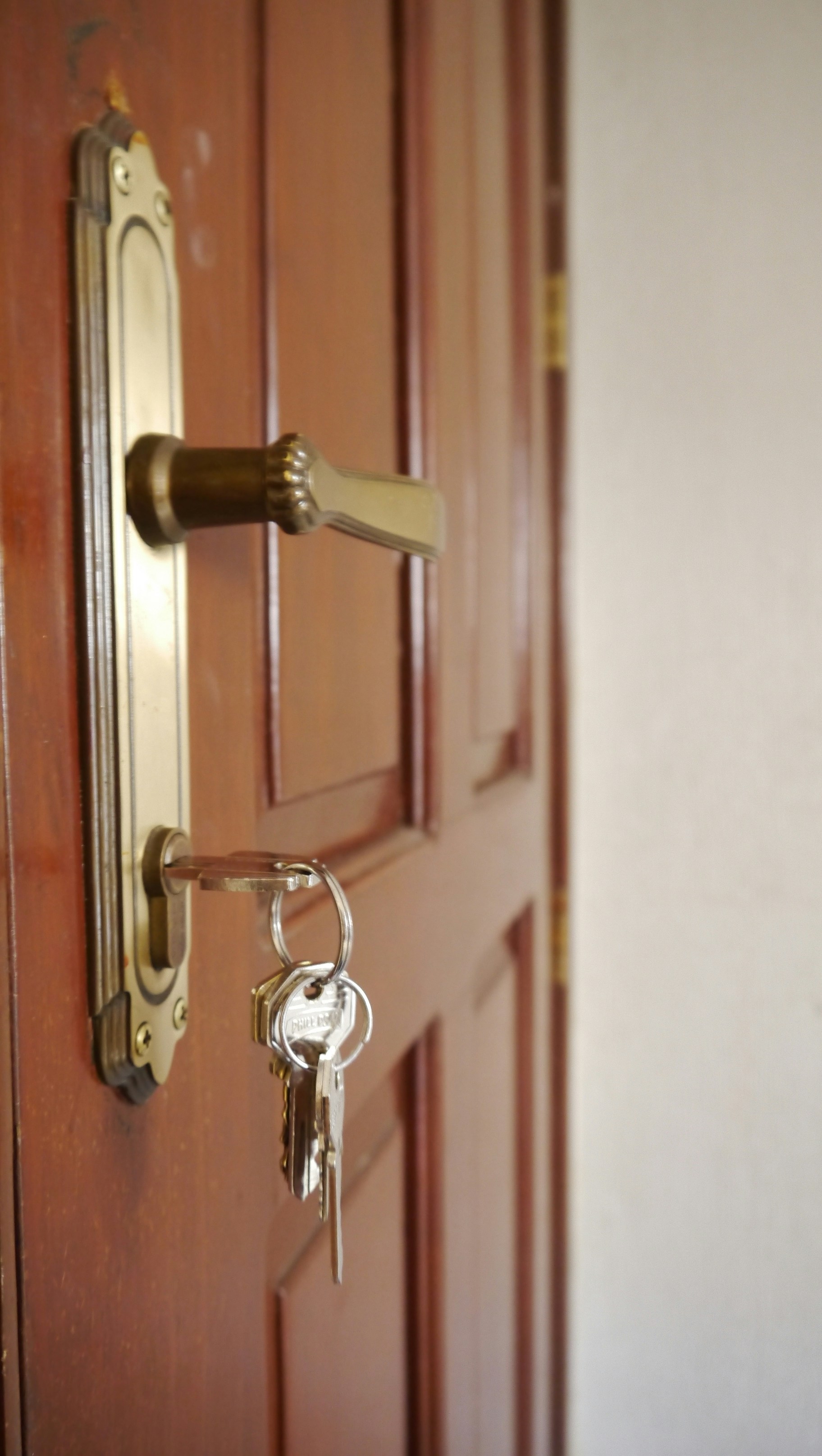 Solid oak wall-mounted key holder with five brass hooks near a home entryway