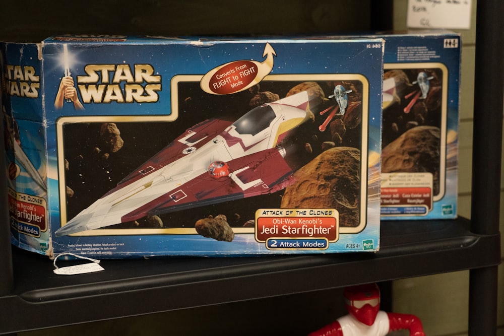 a box of star wars toys on a shelf