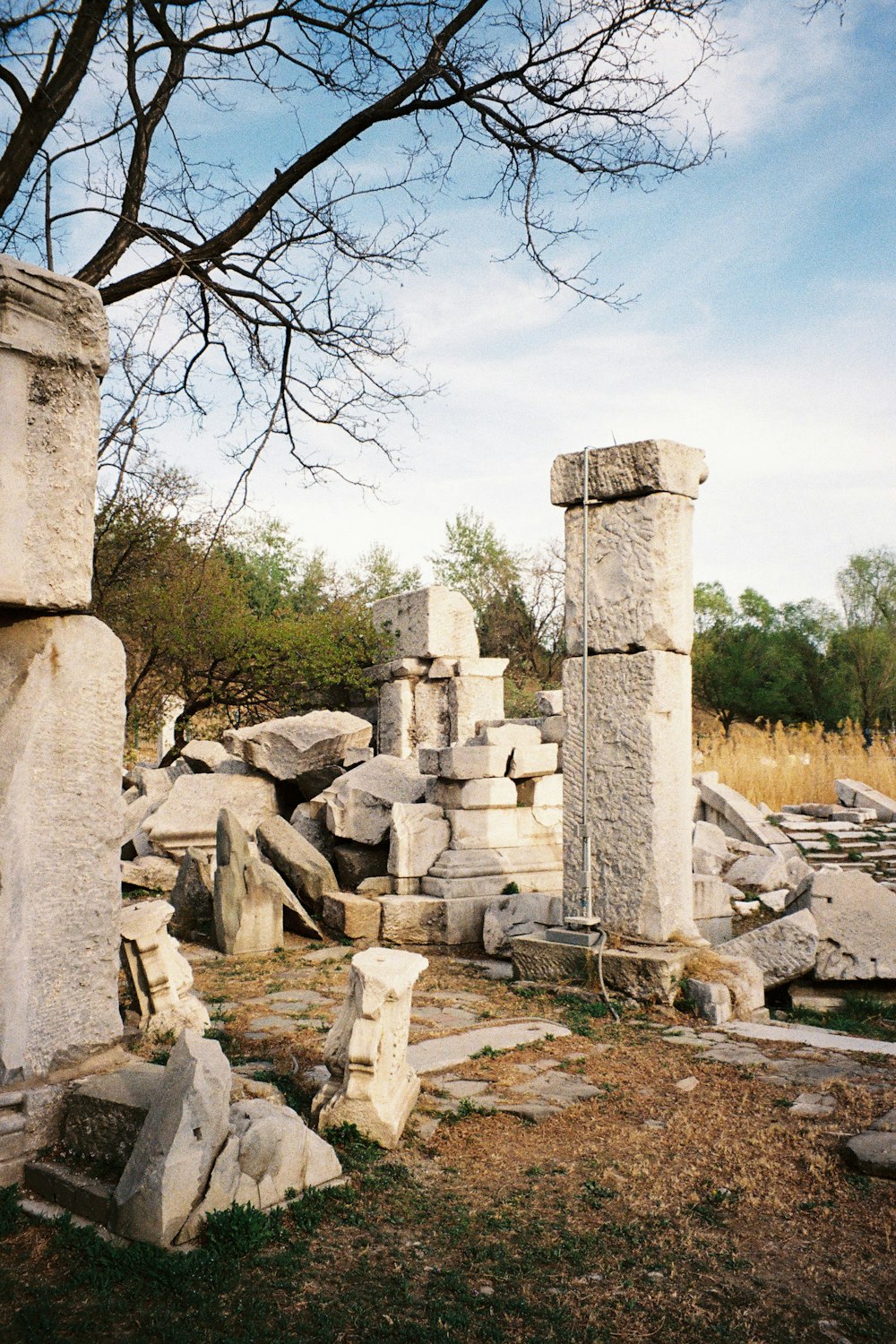 gray concrete pillar near green trees during daytime