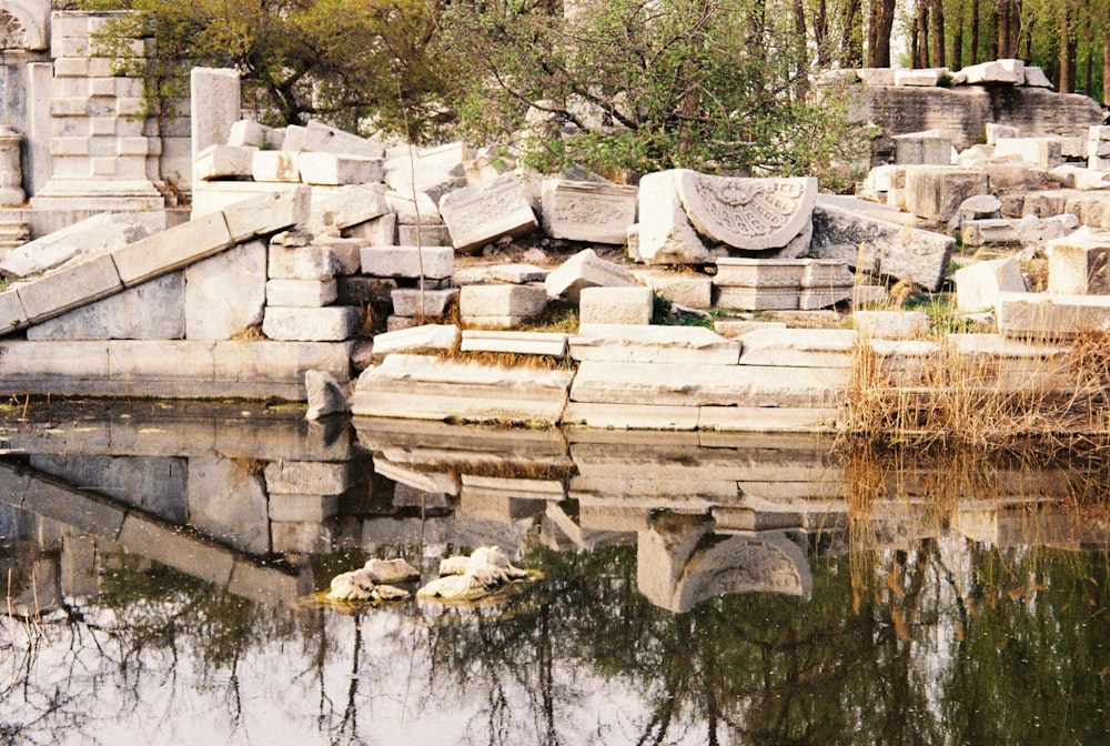 brown and gray concrete blocks on water