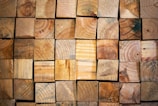 Several rows of neatly stacked, cut wooden logs with visible rings and natural textures. The wood pieces vary in shade from light to dark brown.