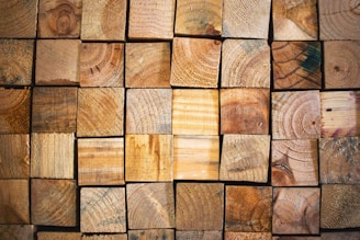 Several rows of neatly stacked, cut wooden logs with visible rings and natural textures. The wood pieces vary in shade from light to dark brown.