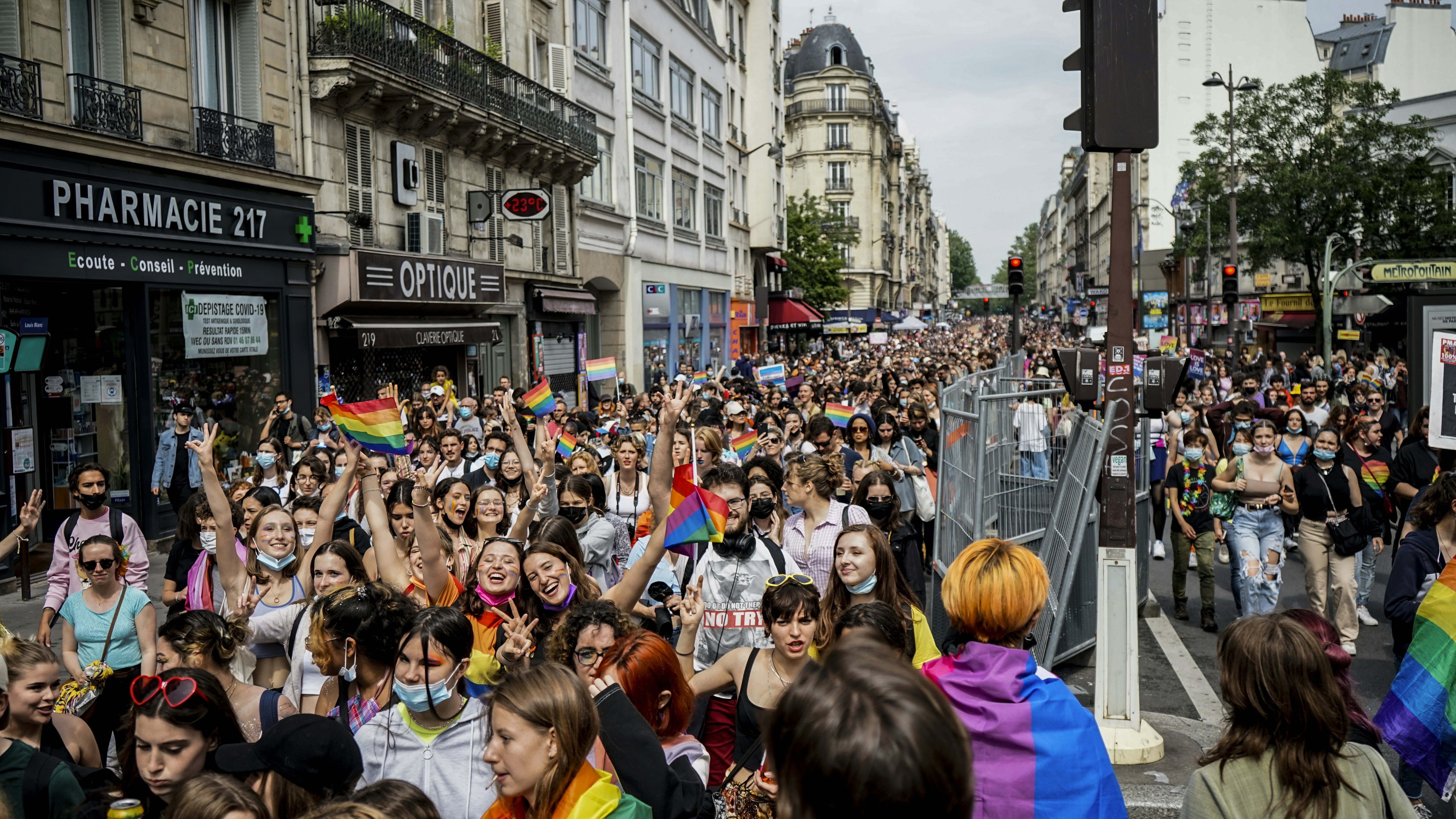 Around 30,000 people participated for the Gay Pride march organized by the Inter-LGBT on 26 June 2021. The gay pride march started in the suburbs, in Pantin (Seine-Saint-Denis) for the first time since 1977. In a festive atmosphere, without mask or social distancing, thousands of young people have tasted a semblance of life before, despite a gloomy weather, Paris, France.
