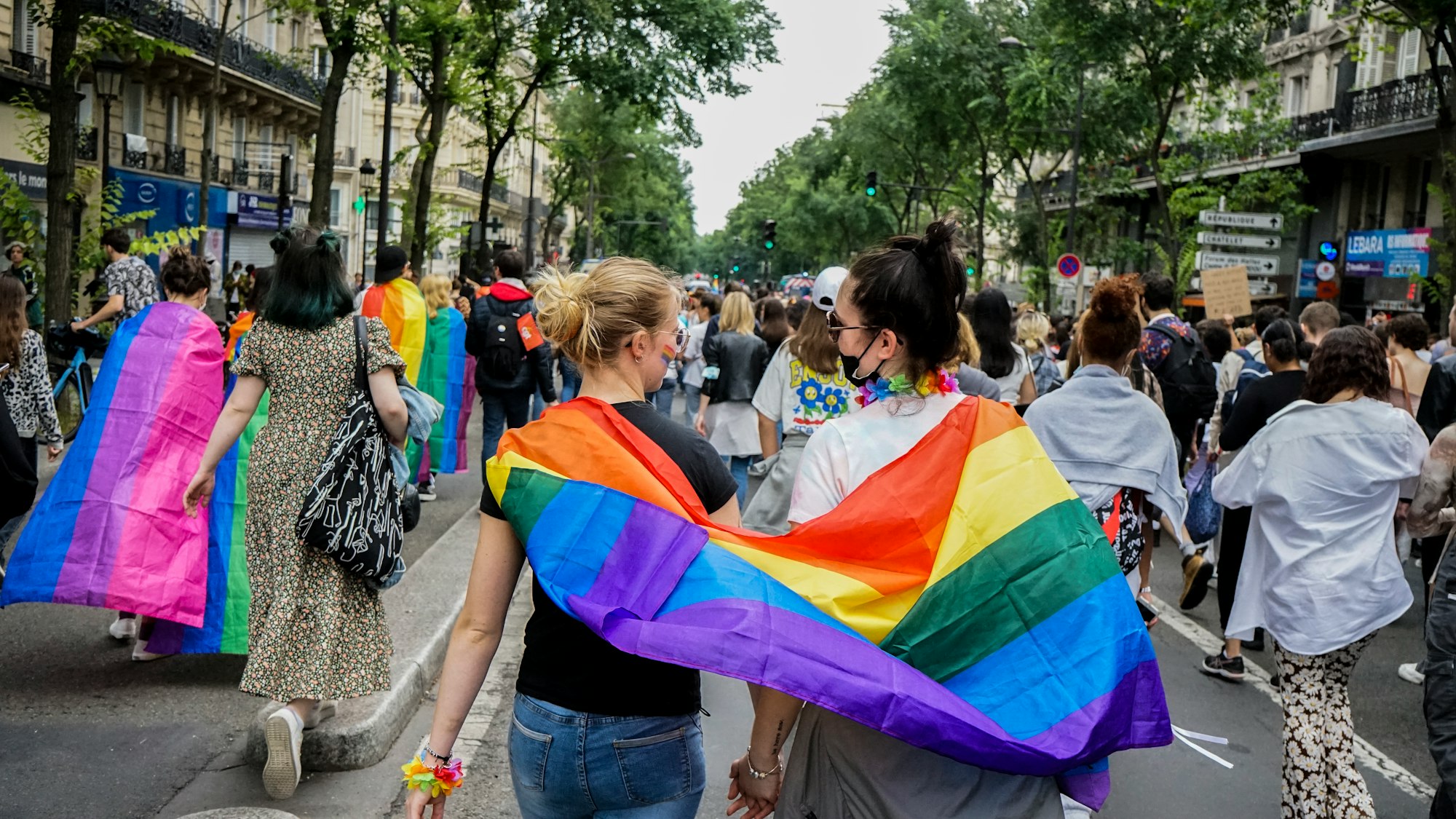 Around 30,000 people participated for the Gay Pride march organized by the Inter-LGBT on 26 June 2021. The gay pride march started in the suburbs, in Pantin (Seine-Saint-Denis) for the first time since 1977. In a festive atmosphere, without mask or social distancing, thousands of young people have tasted a semblance of life before, despite a gloomy weather, Paris, France.