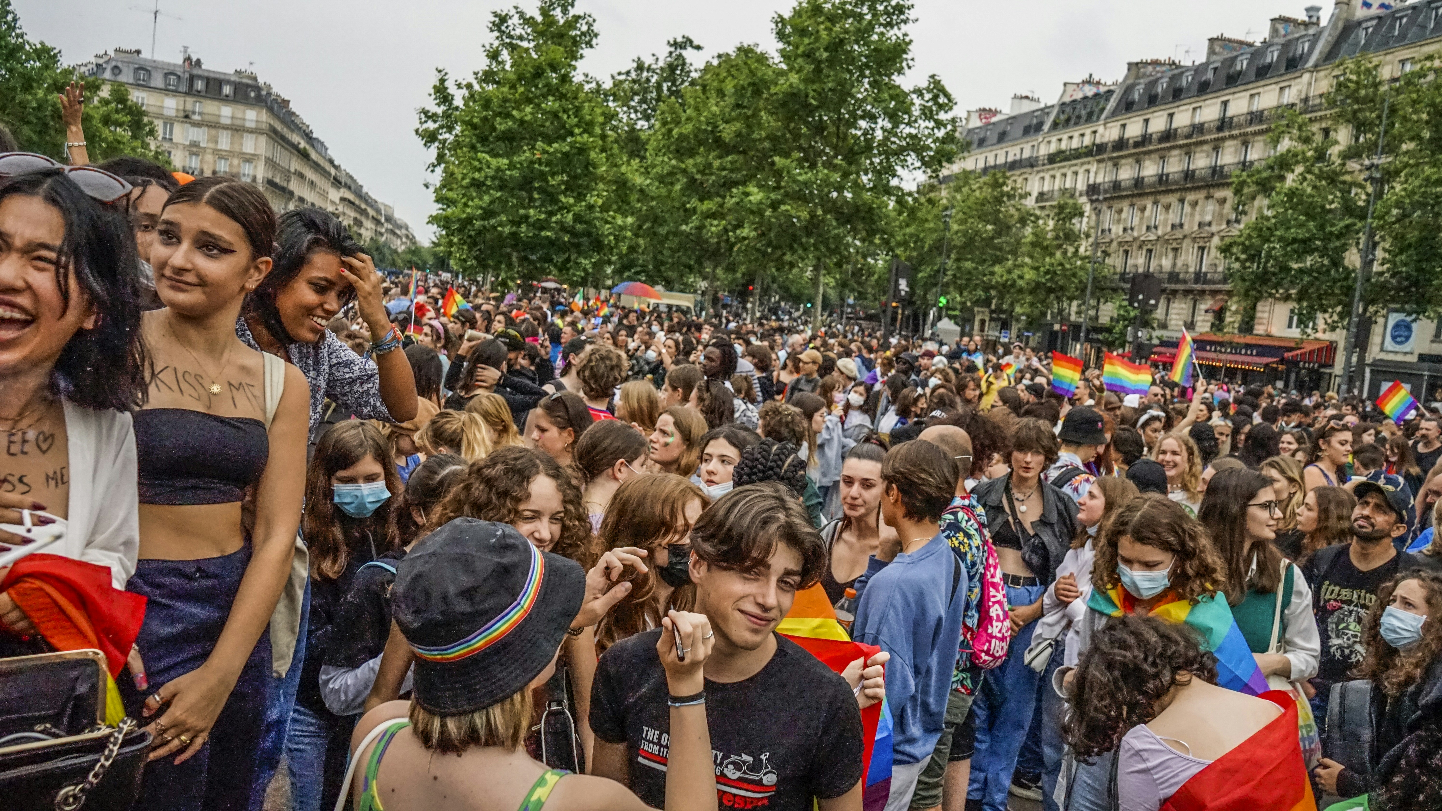Around 30,000 people participated for the Gay Pride march organized by the Inter-LGBT on 26 June 2021. The gay pride march started in the suburbs, in Pantin (Seine-Saint-Denis) for the first time since 1977. In a festive atmosphere, without mask or social distancing, thousands of young people have tasted a semblance of life before, despite a gloomy weather, Paris, France.