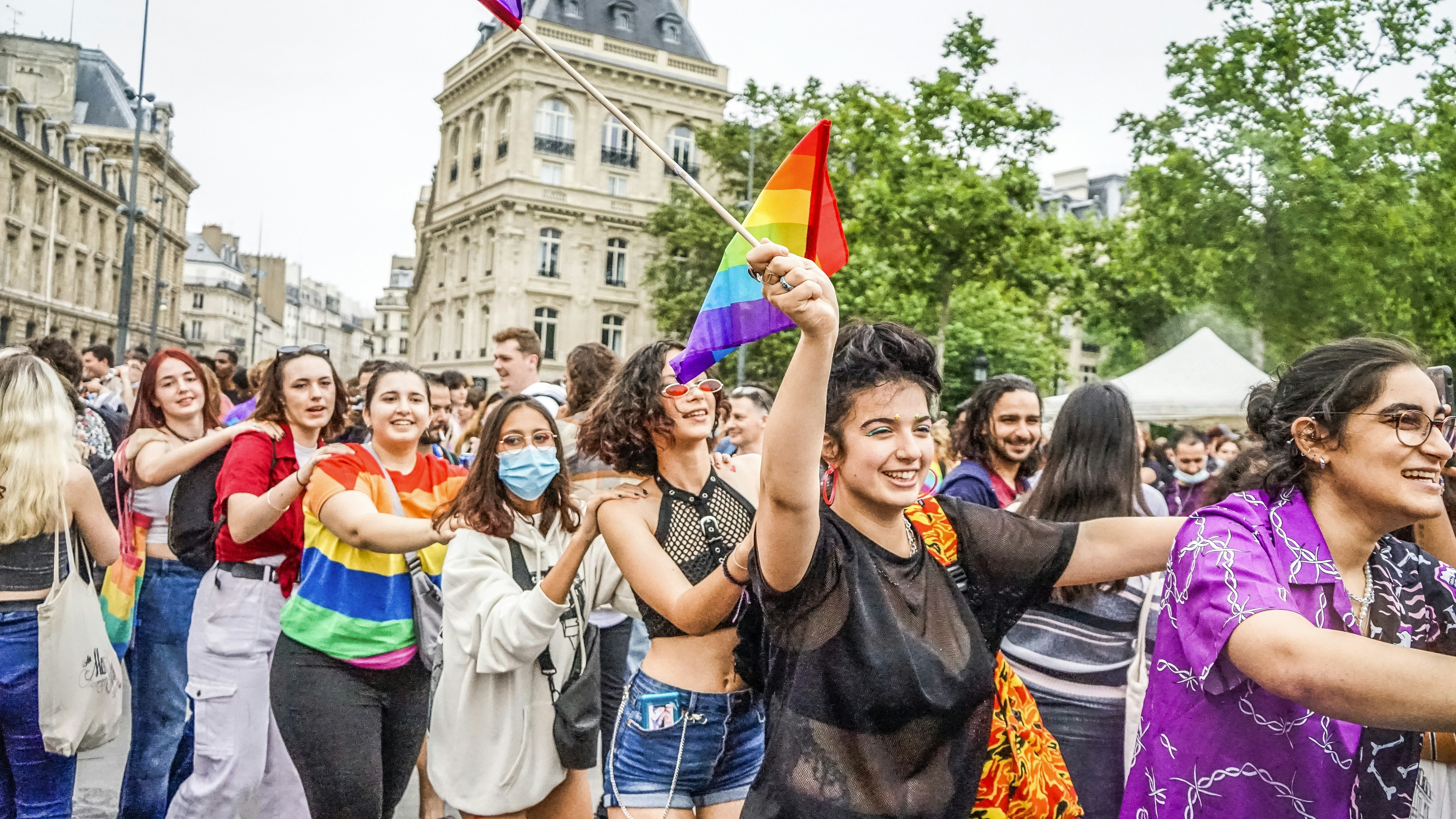 Around 30,000 people participated for the Gay Pride march organized by the Inter-LGBT on 26 June 2021. The gay pride march started in the suburbs, in Pantin (Seine-Saint-Denis) for the first time since 1977. In a festive atmosphere, without mask or social distancing, thousands of young people have tasted a semblance of life before, despite a gloomy weather, Paris, France.