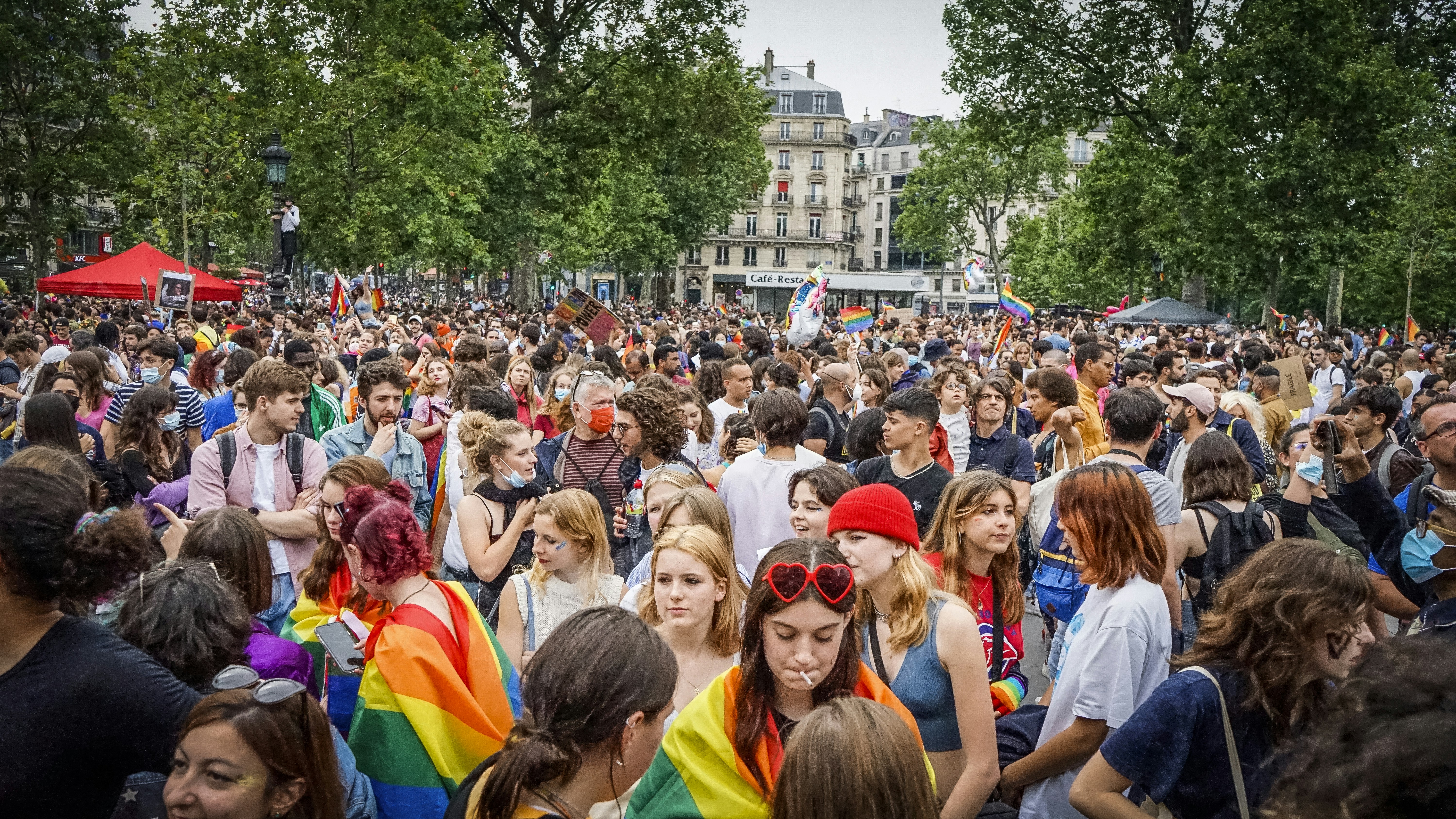 Around 30,000 people participated for the Gay Pride march organized by the Inter-LGBT on 26 June 2021. The gay pride march started in the suburbs, in Pantin (Seine-Saint-Denis) for the first time since 1977. In a festive atmosphere, without mask or social distancing, thousands of young people have tasted a semblance of life before, despite a gloomy weather, Paris, France.