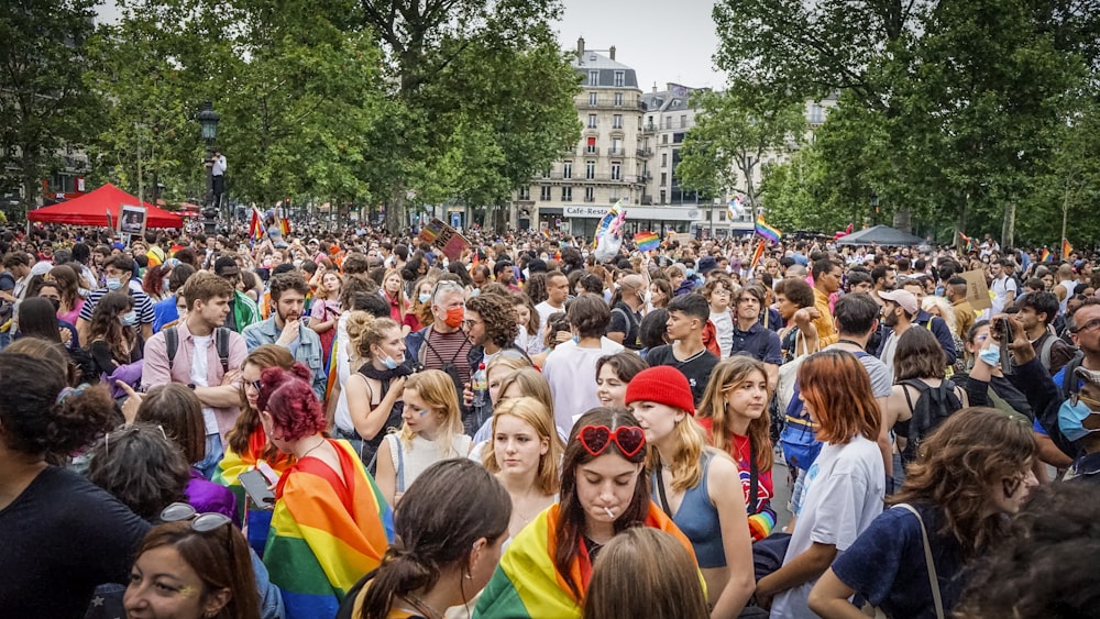 people gathering near green trees during daytime