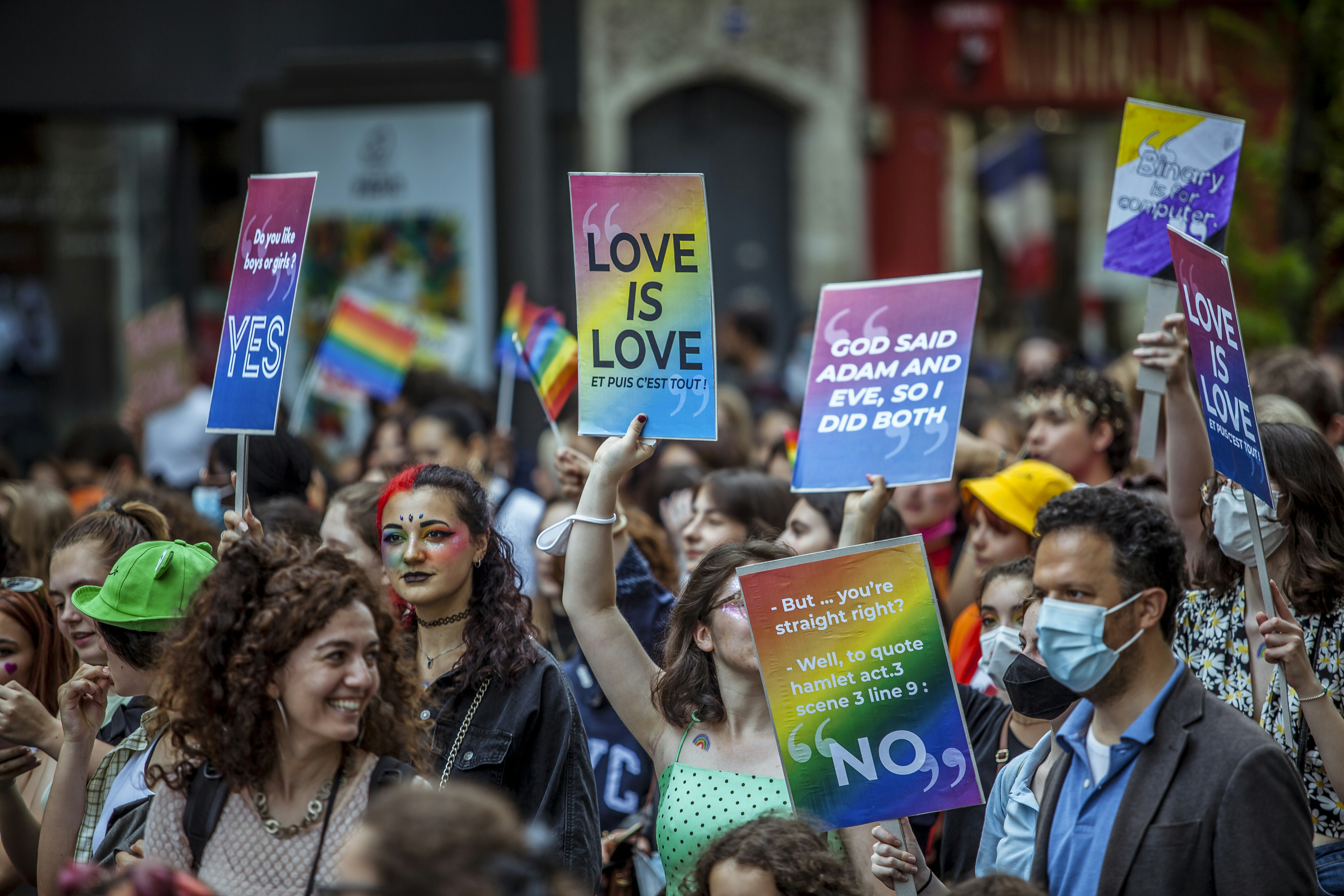 Around 30,000 people participated for the Gay Pride march organized by the Inter-LGBT on 26 June 2021. The gay pride march started in the suburbs, in Pantin (Seine-Saint-Denis) for the first time since 1977. In a festive atmosphere, without mask or social distancing, thousands of young people have tasted a semblance of life before, despite a gloomy weather, Paris, France.