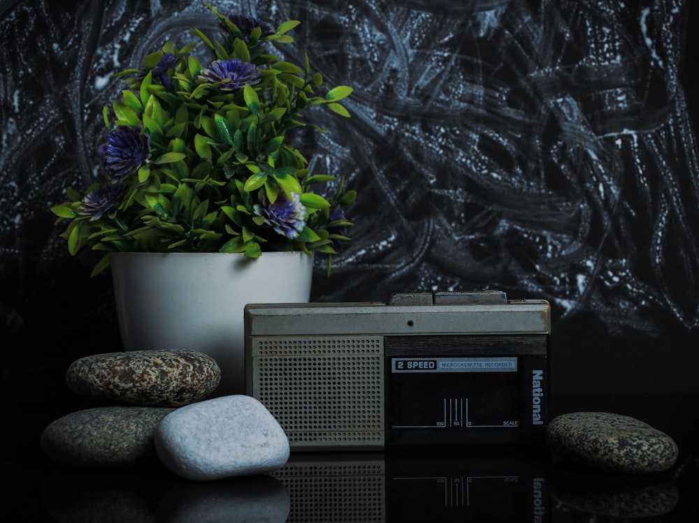 black and gray radio on black and white floral sofa