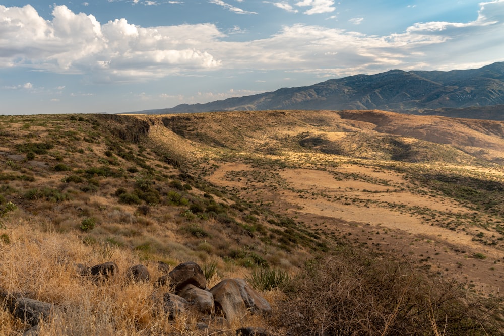 brown and green grass field near brown mountain under white clouds and blue sky during daytime