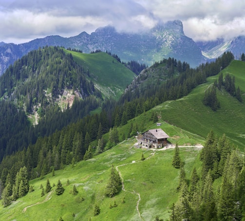 A quaint mountain cabin is nestled among lush green hills, surrounded by dense forests. The majestic mountains in the background are partially covered by misty clouds, adding a sense of depth and mystery. A winding path leads to the cabin, suggesting it's a retreat for nature lovers.