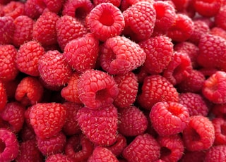 red raspberries in close up photography