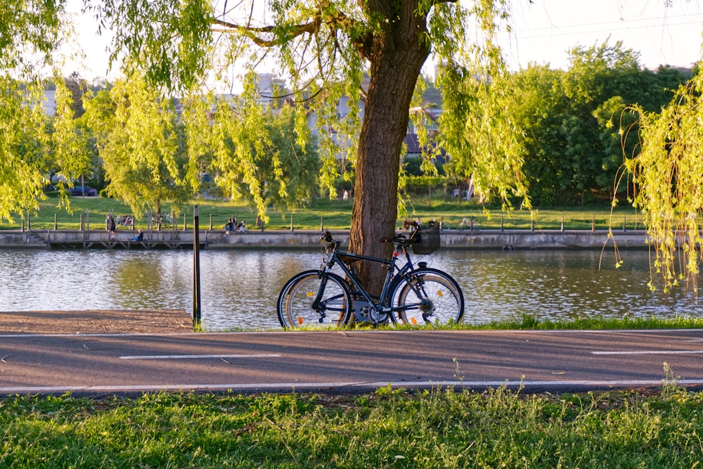 black bicycle parked beside body of water during daytime