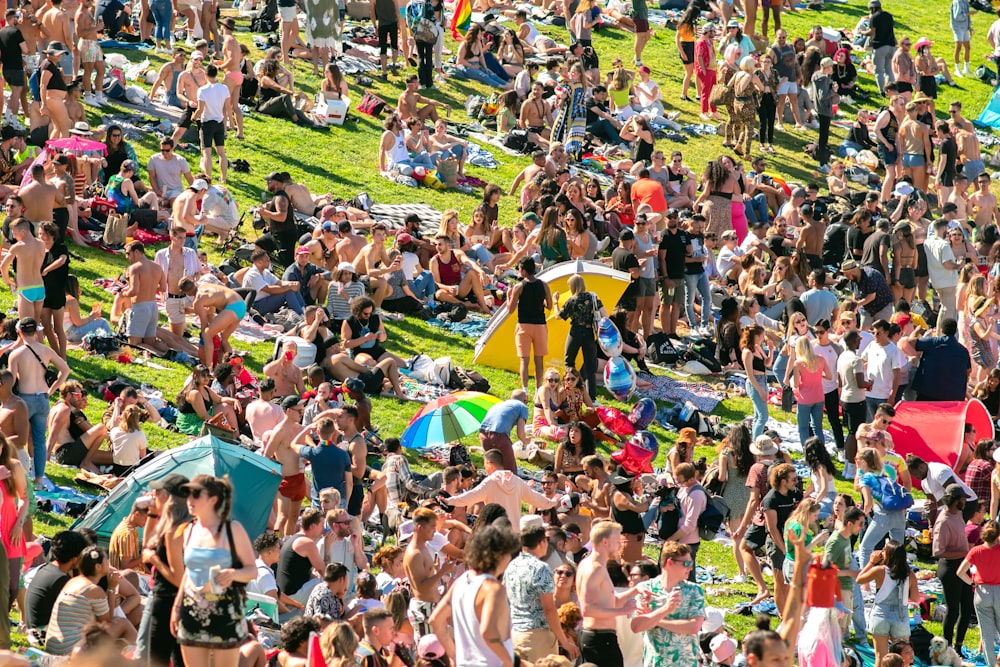 persone sedute sul campo di erba verde durante il giorno