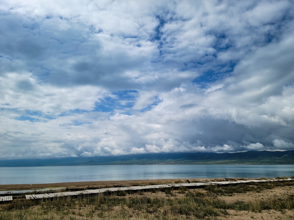 brown grass field near body of water under white clouds and blue sky during daytime