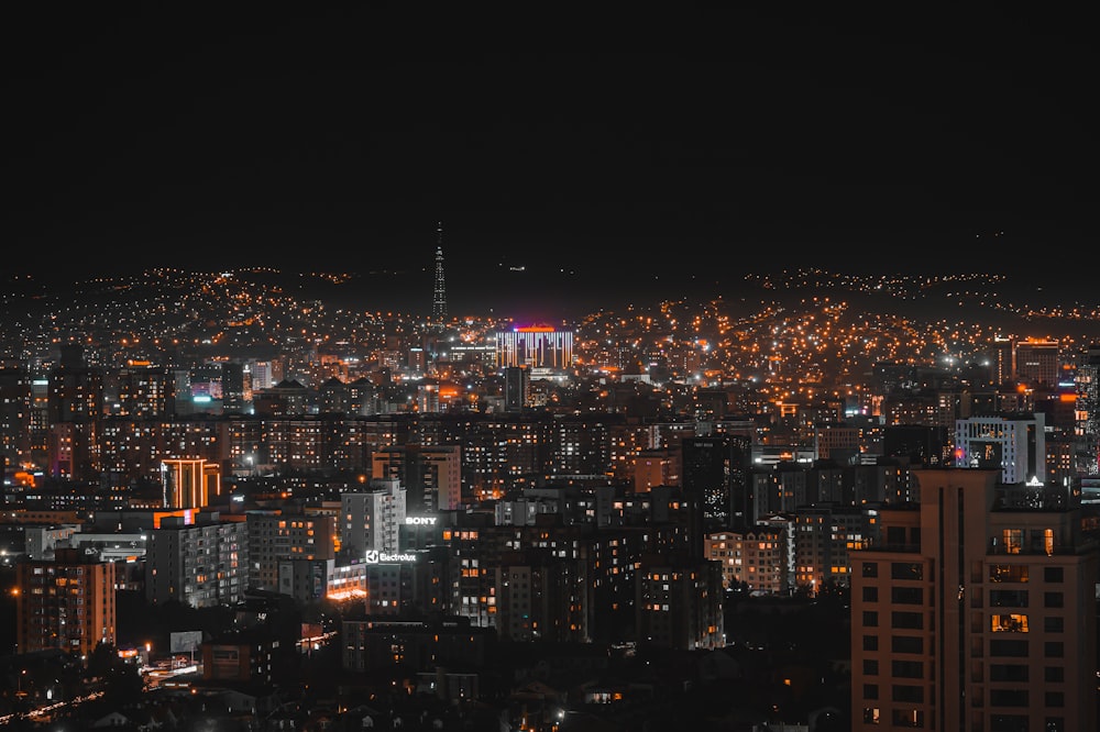 city with high rise buildings during night time