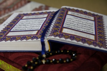 black and brown beaded necklace on white and blue book