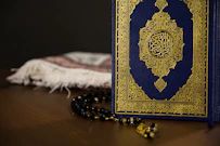 blue and gold book on white textile