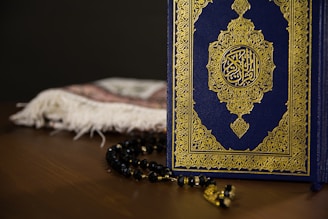 blue and gold book on white textile