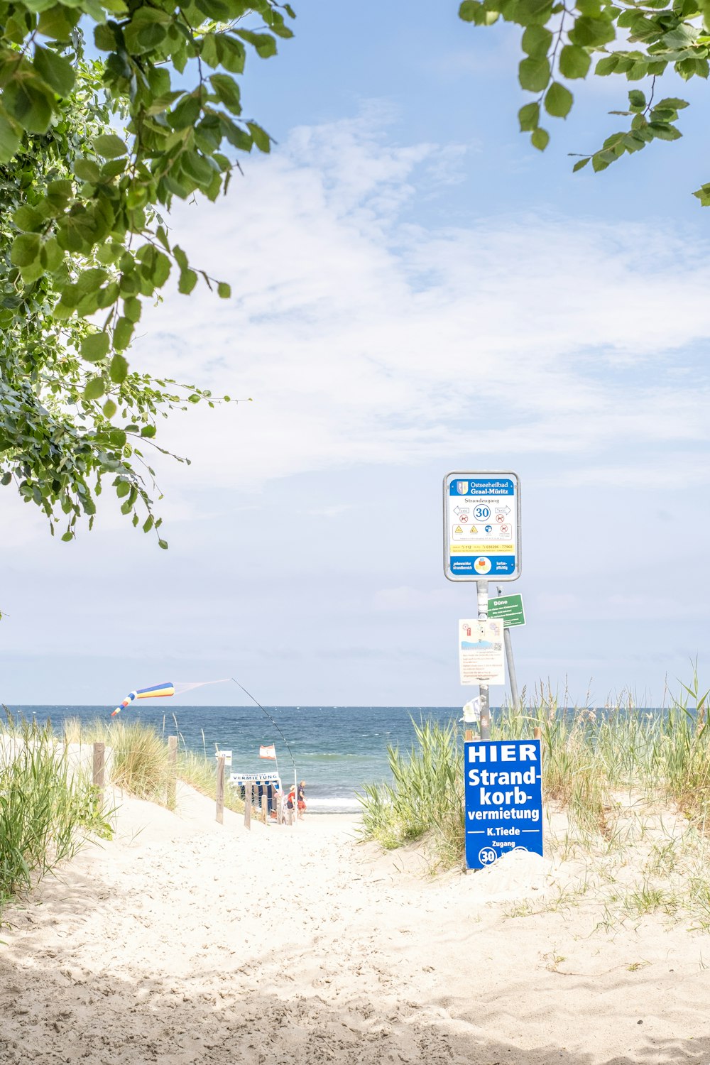 blue and white street sign near body of water during daytime