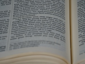 A page from a book with visible text. The text appears to be part of a story or narrative, possibly from a religious or historical context, discussing a character named Naaman. The page is slightly curved and the focus is on the center, creating a sense of depth.