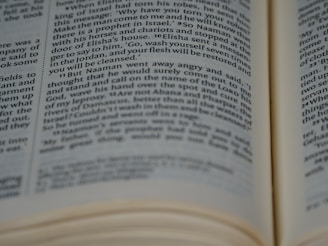 A page from a book with visible text. The text appears to be part of a story or narrative, possibly from a religious or historical context, discussing a character named Naaman. The page is slightly curved and the focus is on the center, creating a sense of depth.