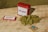 A red tin labeled 'Dad Grass' is positioned on a wooden surface alongside a rectangular box with similar branding. A pile of green, dried hemp or marijuana flower sits nearby, and a small brown packet labeled for humidity control is included.