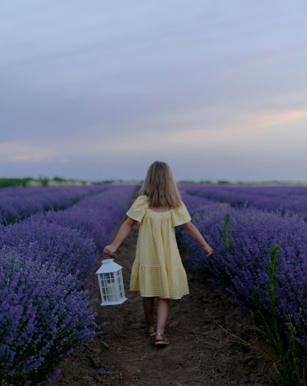 woman in yellow dress standing on purple flower field during daytime