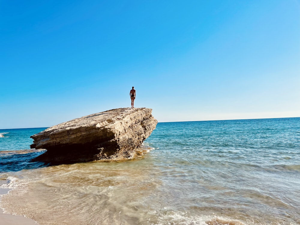 person standing on brown rock near sea during daytime