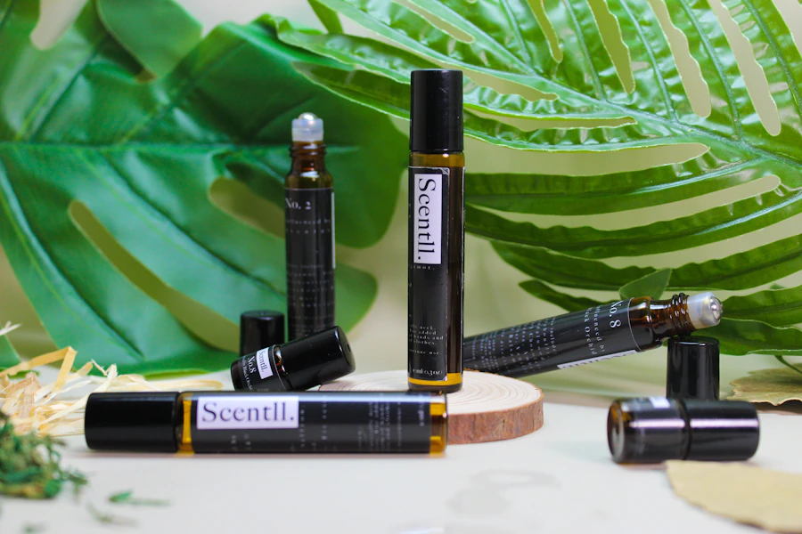 Black CBD roll-on tubes among botanical greenery
