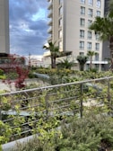 A modern urban garden with lush greenery, including various plants and small palm trees, is set against the backdrop of tall, contemporary apartment buildings. The sky is partly cloudy, creating a contrasting atmosphere between the natural elements and urban structures.