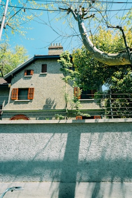 A textured concrete wall with shadows cast by a tree in the foreground. Behind the wall, there is a two-story building with a stone facade and red window shutters. The tree branches overhead are covered with budding leaves and intersect with power lines. The scene is illuminated by bright sunlight on a clear day.