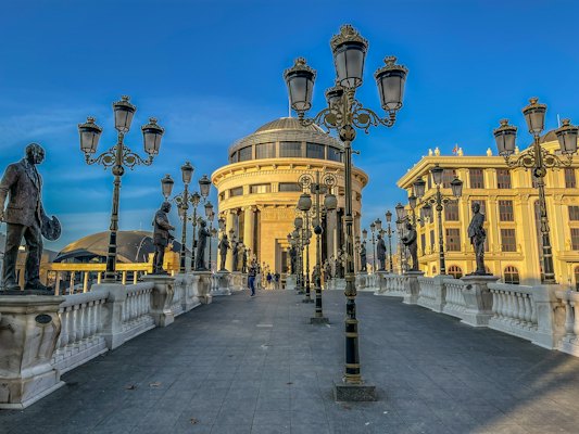 The Art Bridge and its statues — Skopje, North Macedonia