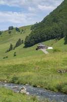 A serene farm landscape with rolling hills and a barn.